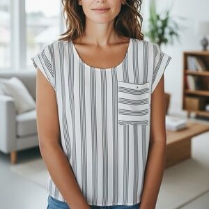 👛 (ANY 2/$20 Roomy LILY MORGAN Pull On Black White Striped High Low Blouse